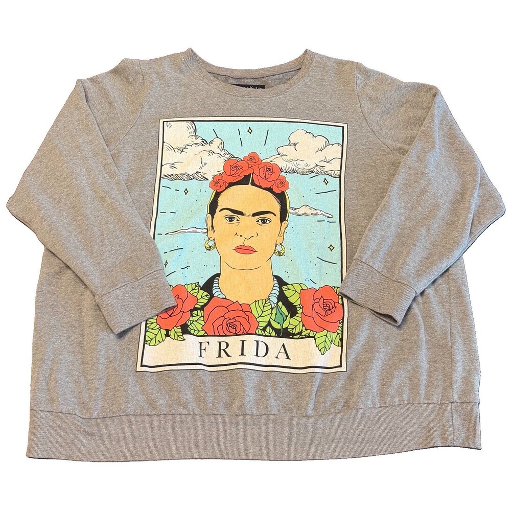 Torrid Plus 3X Frida Kahlo Self-Portrait Thin Sweatshirt Long-Sleeve Grey